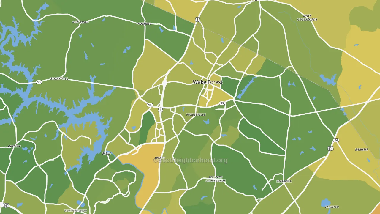 Map of the best neighborhoods in the Wake Forest area, with better matches in green and worse matches in red