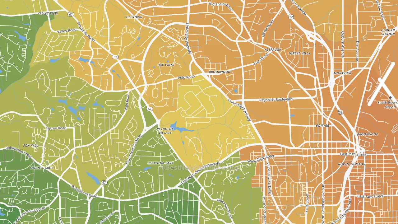 Map of the best neighborhoods in the Wake Forest University, Winston-Salem area, with better matches in green and worse matches in red