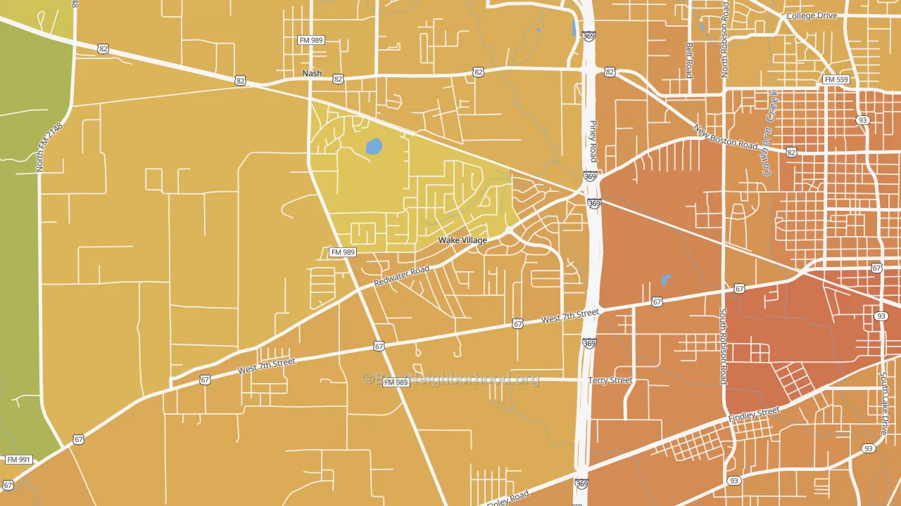 Map of the best neighborhoods in the Wake Village area, with better matches in green and worse matches in red