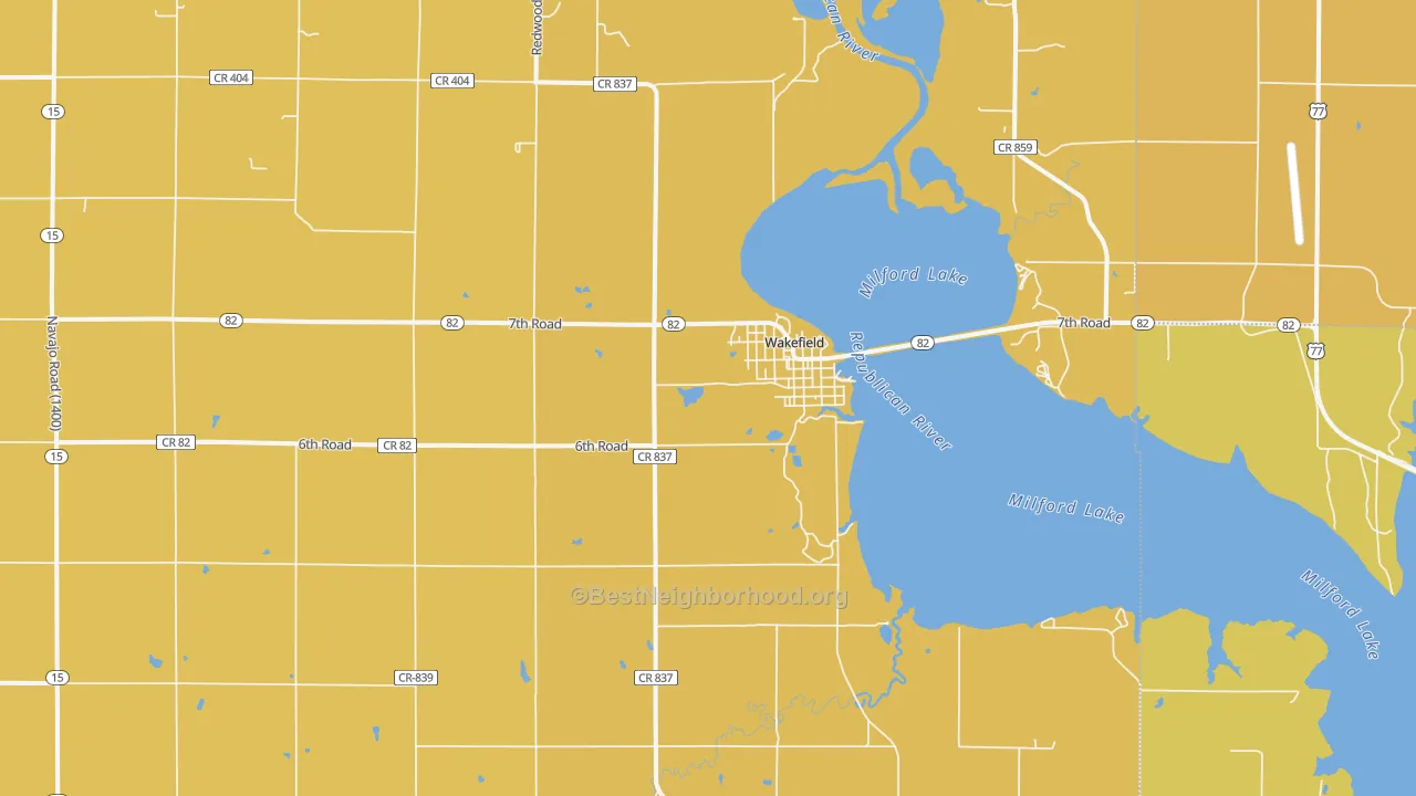 Map of the best neighborhoods in the Wakefield area, with better matches in green and worse matches in red