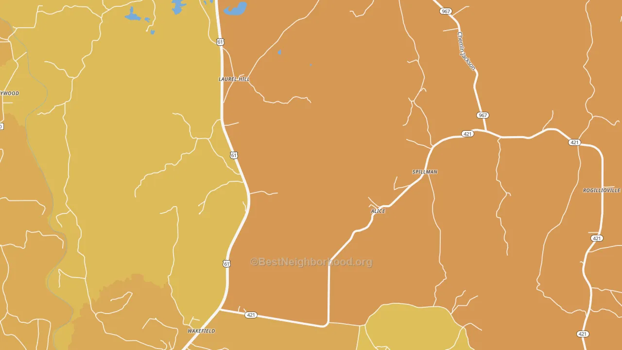 Map of the best neighborhoods in the Wakefield area, with better matches in green and worse matches in red