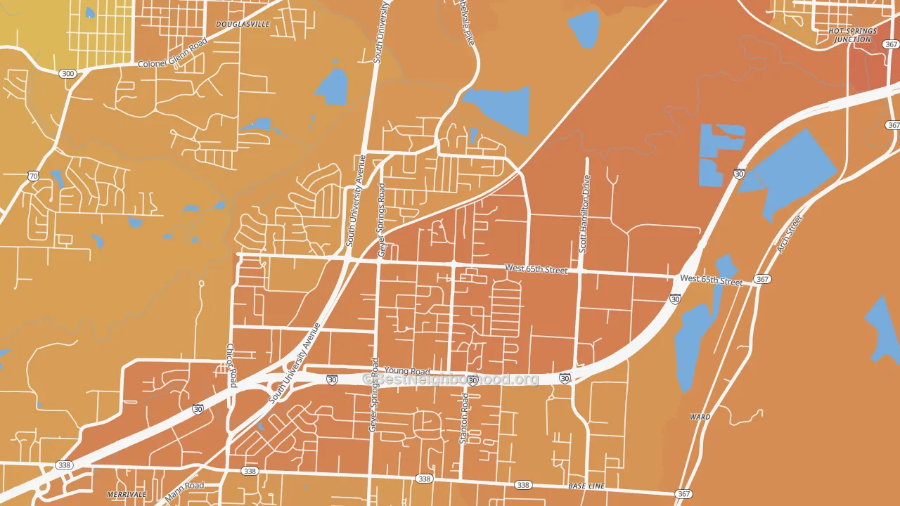 Map of the best neighborhoods in the Wakefield, Little Rock area, with better matches in green and worse matches in red