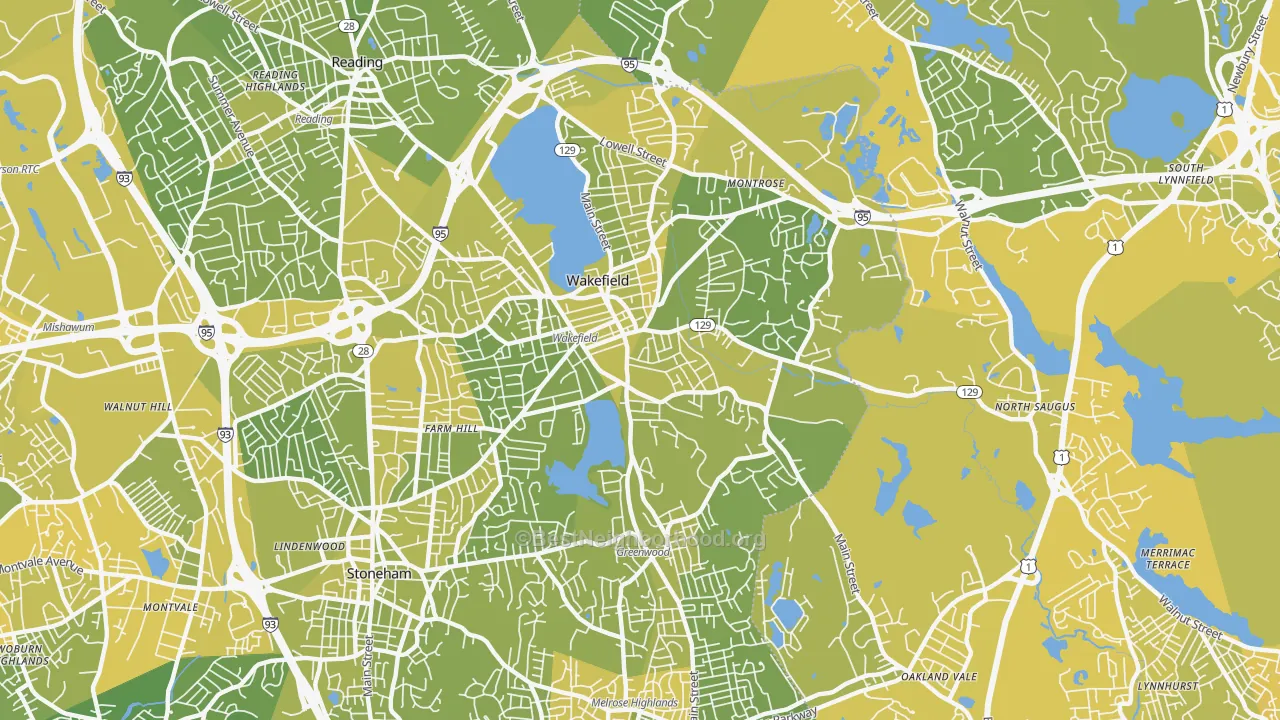 Map of the best neighborhoods in the Wakefield area, with better matches in green and worse matches in red