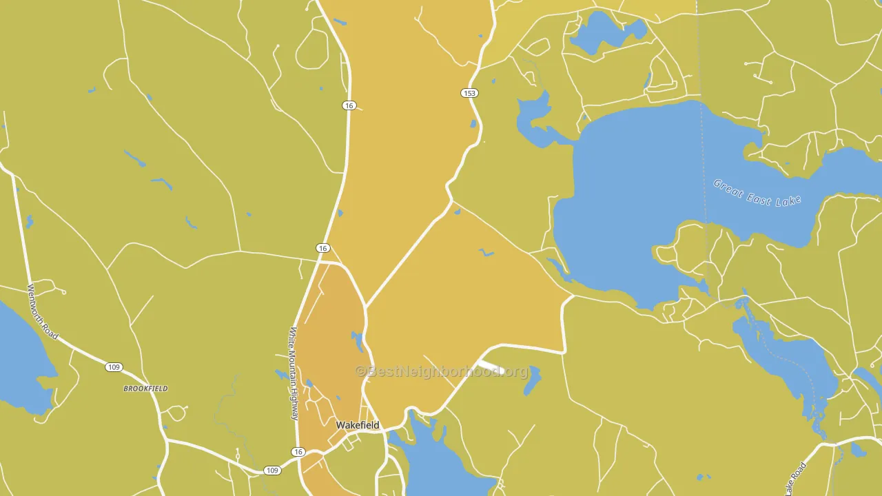 Map of the best neighborhoods in the Wakefield area, with better matches in green and worse matches in red