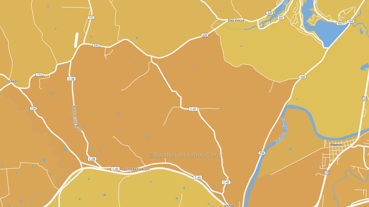 Map of the best neighborhoods in the Wakefield area, with better matches in green and worse matches in red