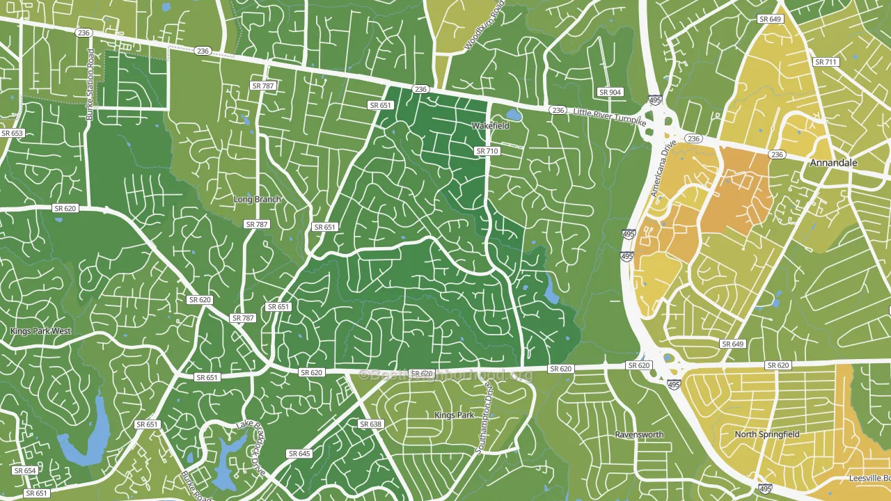 Map of the best neighborhoods in the Wakefield Park, Annandale area, with better matches in green and worse matches in red