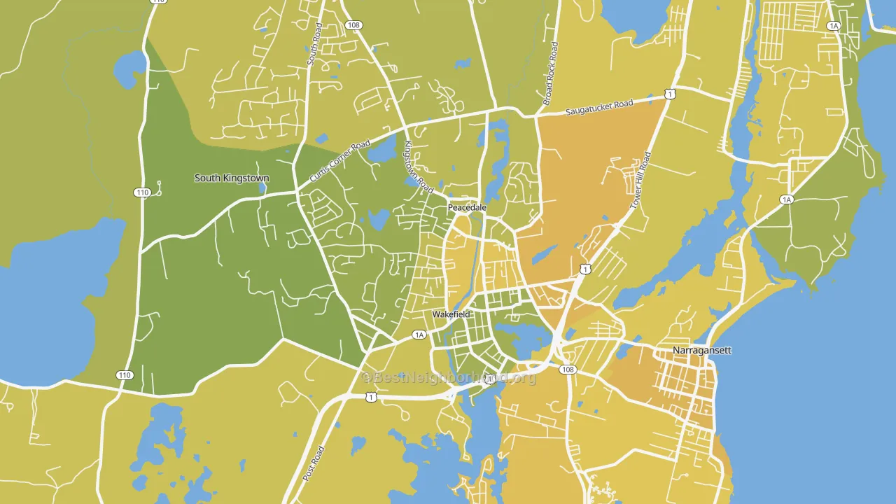 Map of the best neighborhoods in the Wakefield-Peacedale area, with better matches in green and worse matches in red