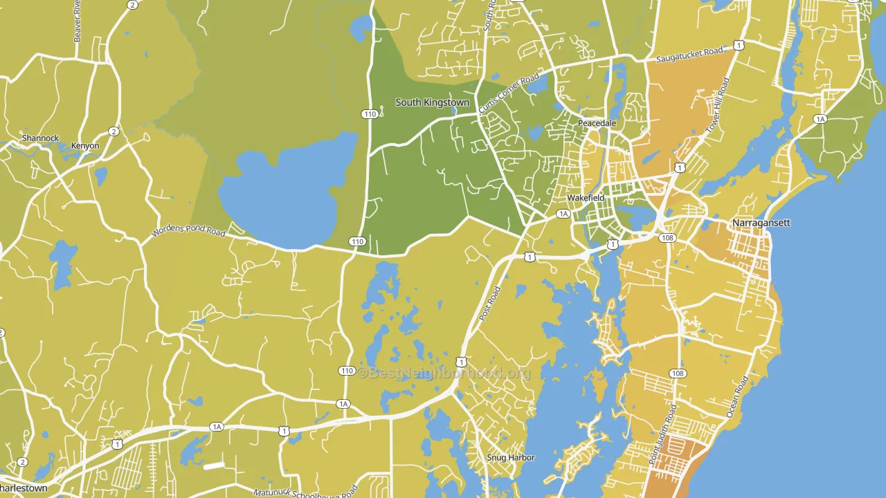 Map of the best neighborhoods in the Wakefield area, with better matches in green and worse matches in red