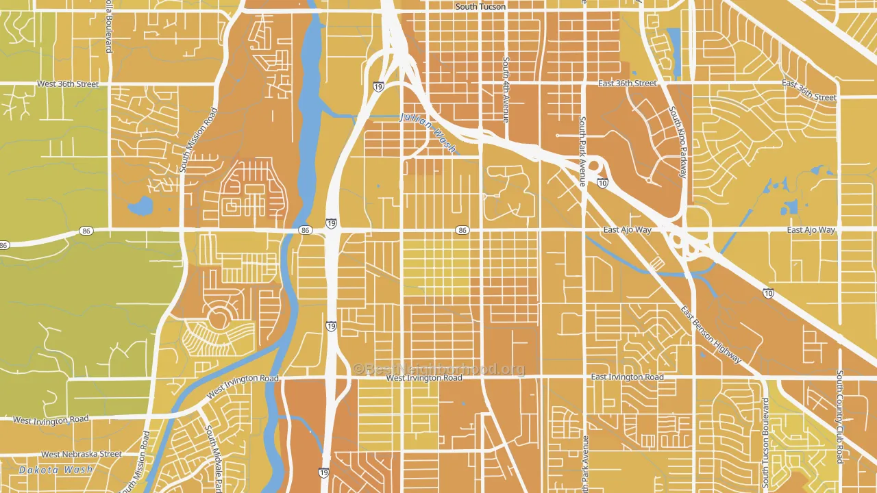 Map of the best neighborhoods in the Wakefield, Tucson area, with better matches in green and worse matches in red