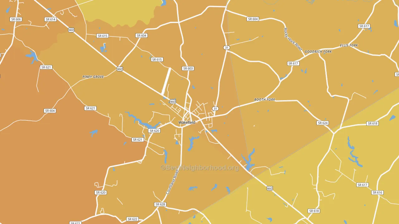 Map of the best neighborhoods in the Wakefield area, with better matches in green and worse matches in red