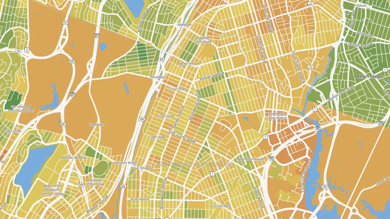 Map of the best neighborhoods in the Wakefield-Williamsbridge, Bronx area, with better matches in green and worse matches in red
