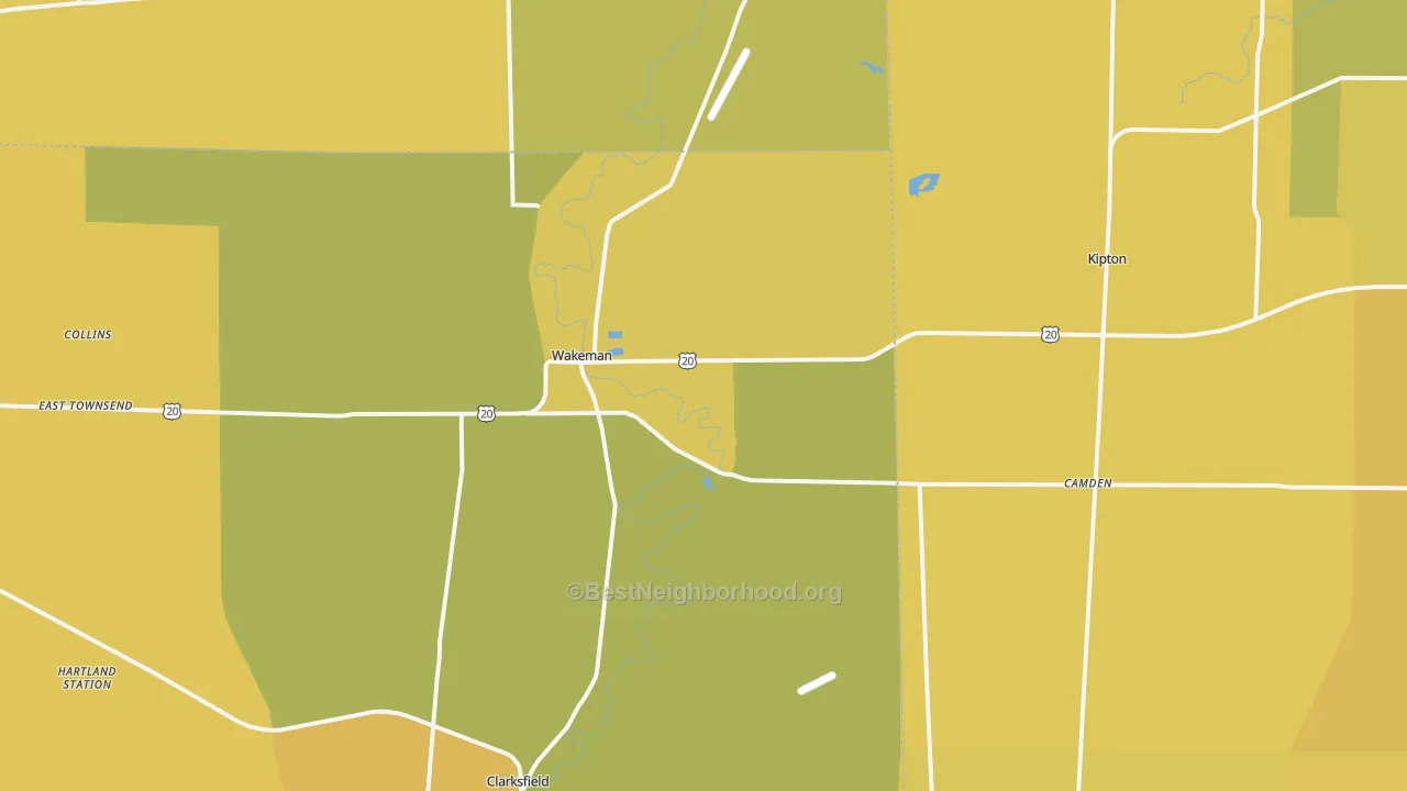 Map of the best neighborhoods in the Wakeman area, with better matches in green and worse matches in red