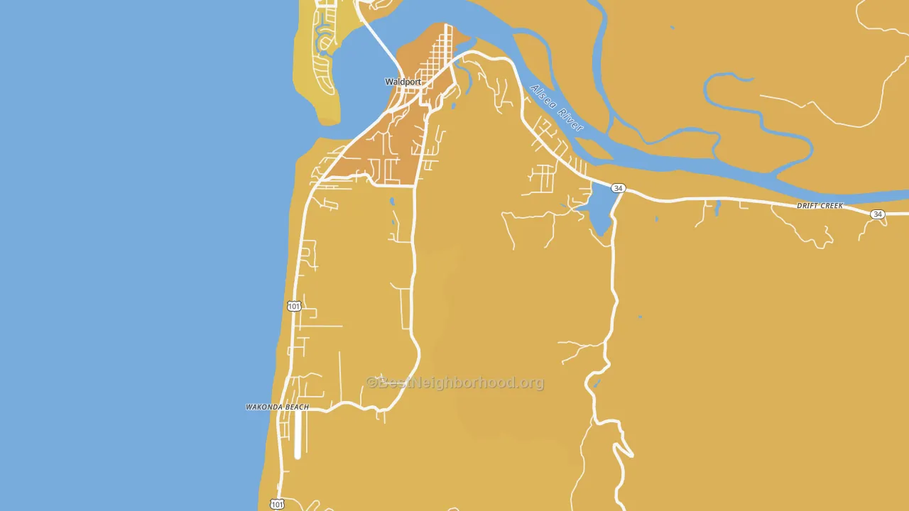 Map of the best neighborhoods in the Wakonda Beach area, with better matches in green and worse matches in red