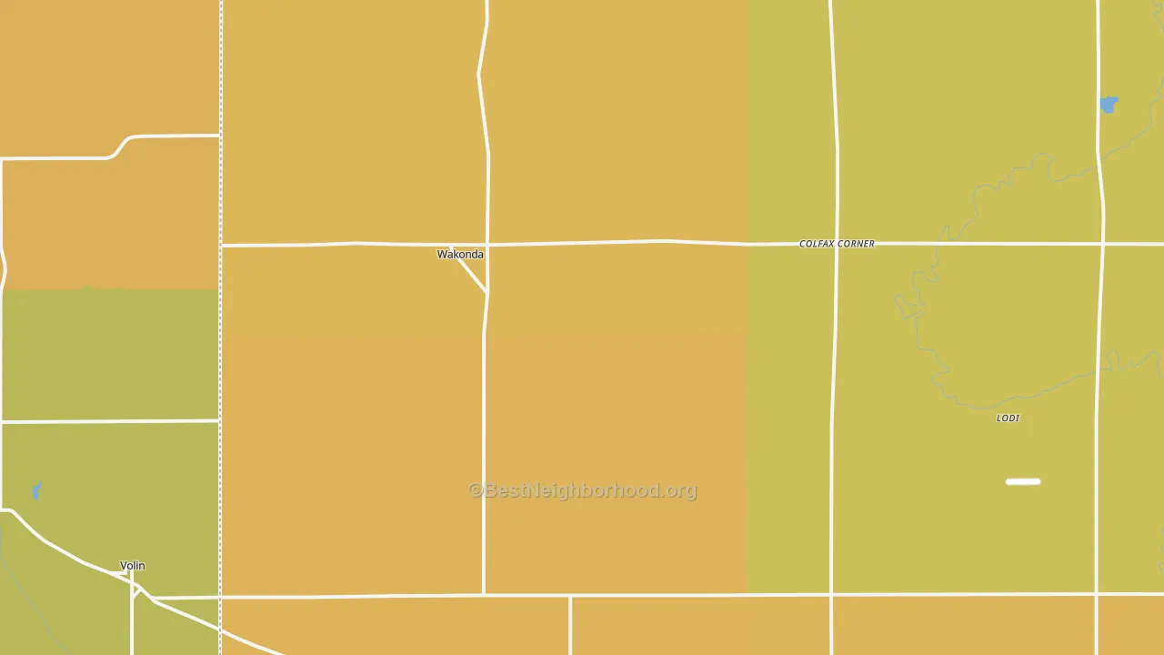 Map of the best neighborhoods in the Wakonda area, with better matches in green and worse matches in red