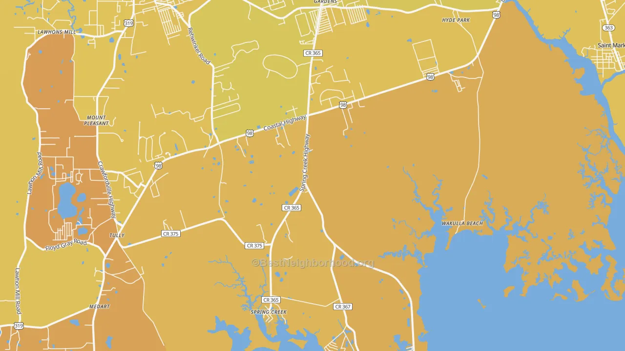 Map of the best neighborhoods in the Wakulla Beach area, with better matches in green and worse matches in red