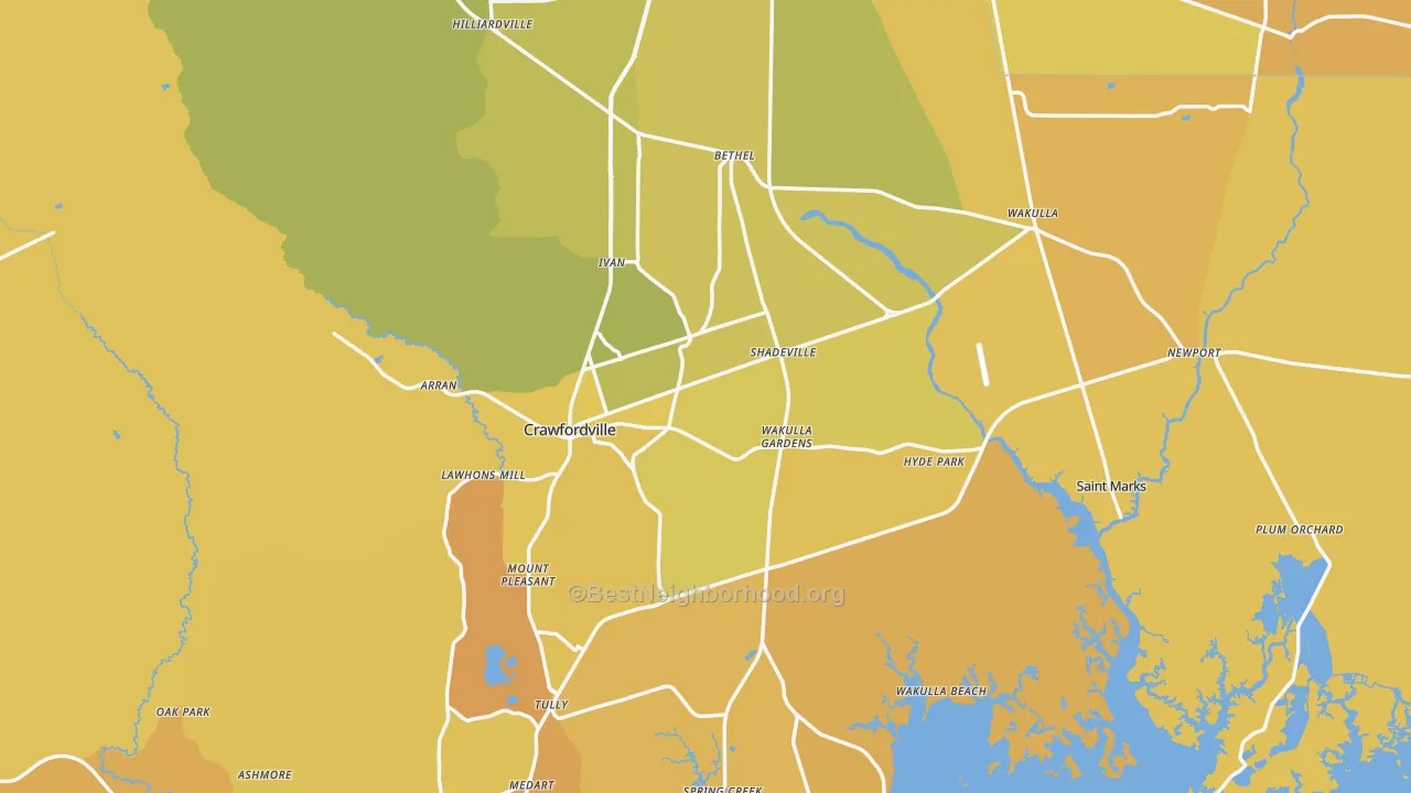 Map of the best neighborhoods in the Wakulla County area, with better matches in green and worse matches in red