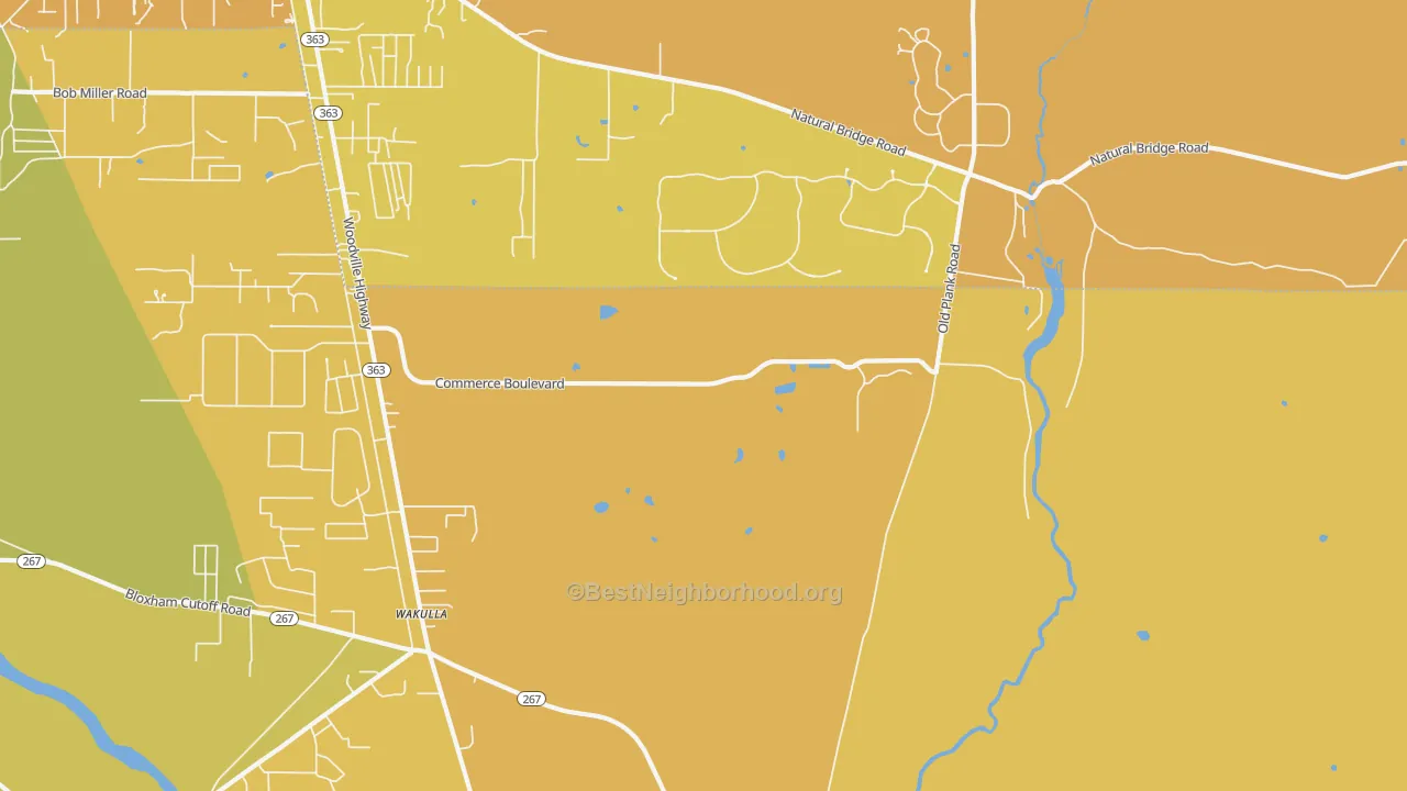 Map of the best neighborhoods in the Wakulla area, with better matches in green and worse matches in red