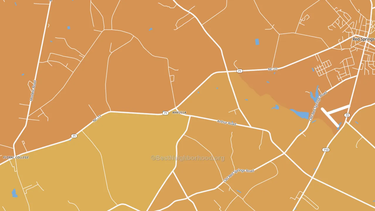 Map of the best neighborhoods in the Wakulla area, with better matches in green and worse matches in red