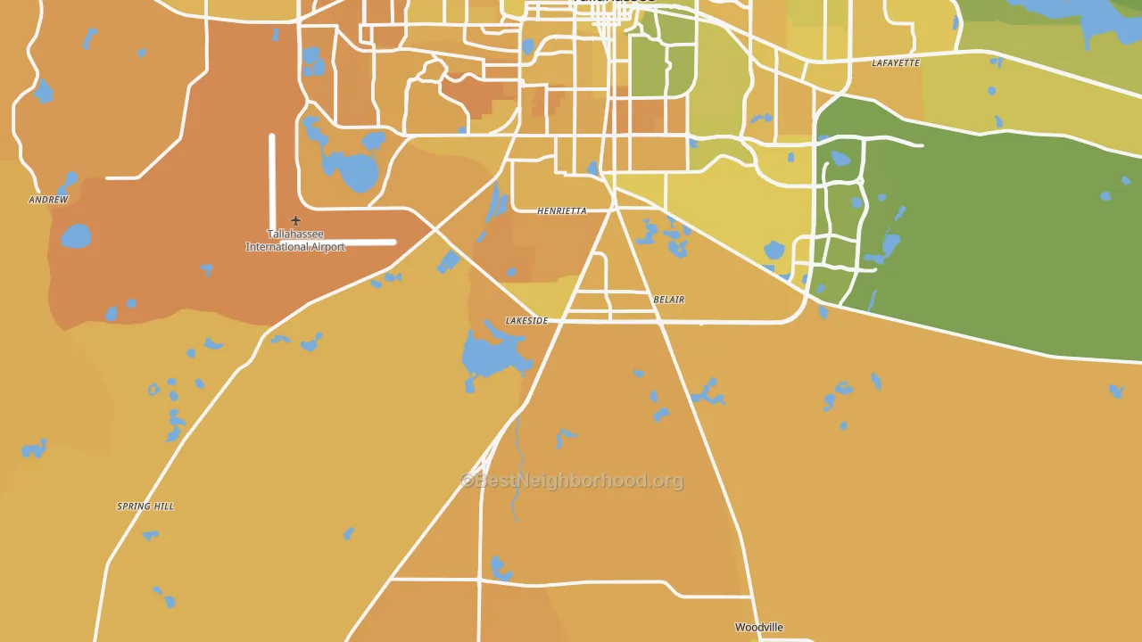 Map of the best neighborhoods in the Wakulla Springs area, with better matches in green and worse matches in red