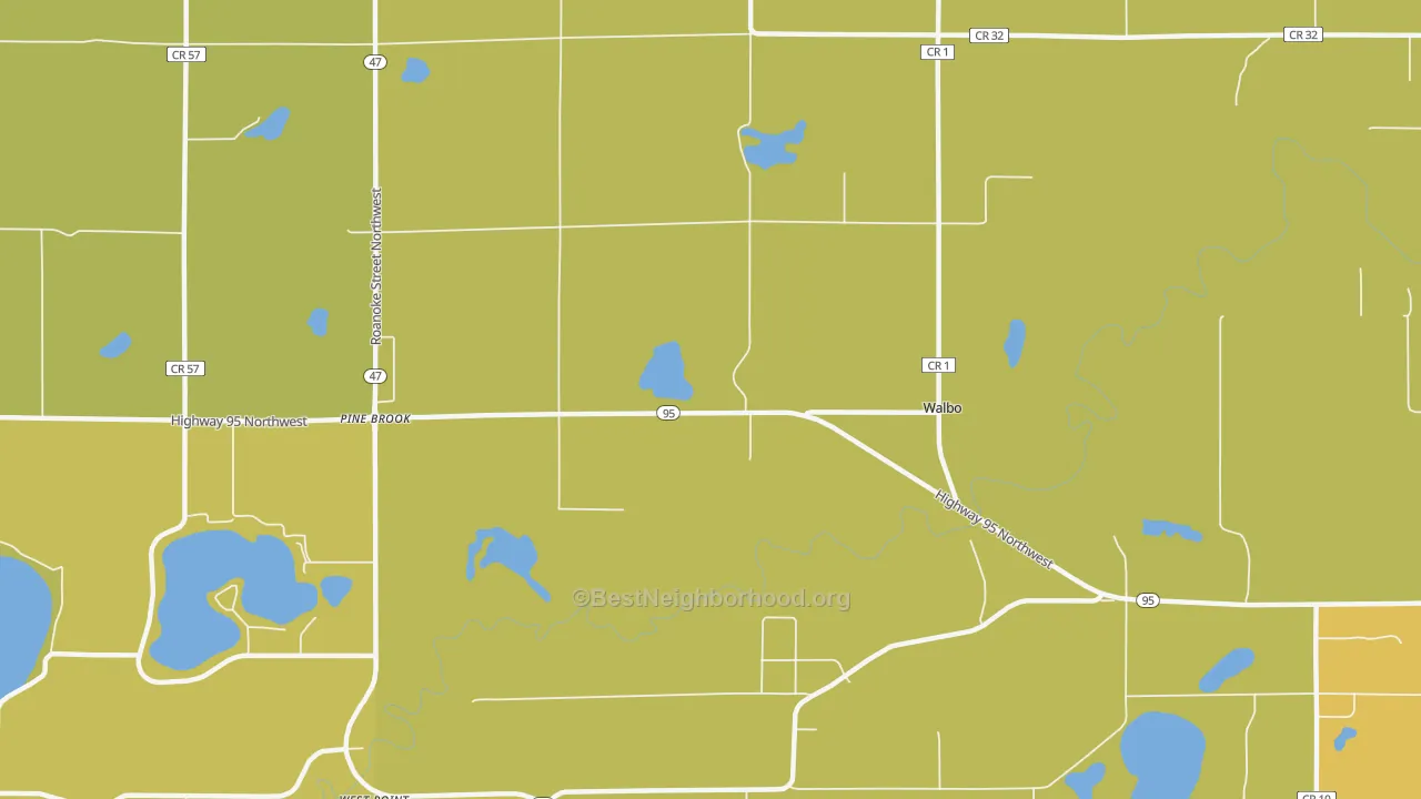 Map of the best neighborhoods in the Walbo area, with better matches in green and worse matches in red