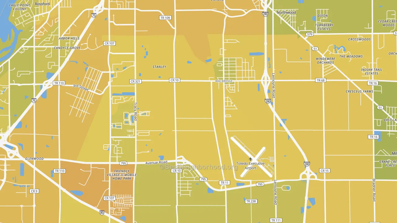 Map of the best neighborhoods in the Walbridge area, with better matches in green and worse matches in red