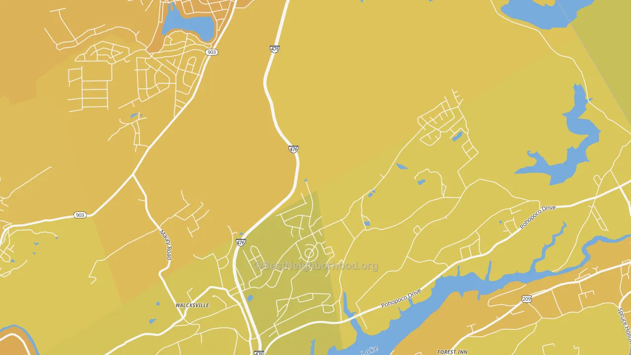 Map of the best neighborhoods in the Walcksville area, with better matches in green and worse matches in red