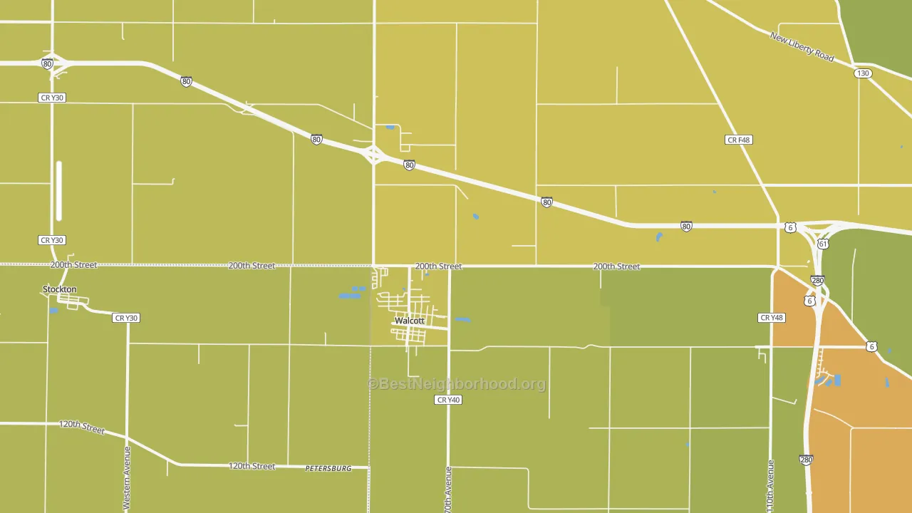 Map of the best neighborhoods in the Walcott area, with better matches in green and worse matches in red