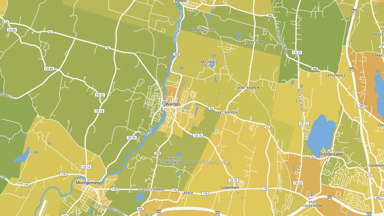 Map of the best neighborhoods in the Walden area, with better matches in green and worse matches in red