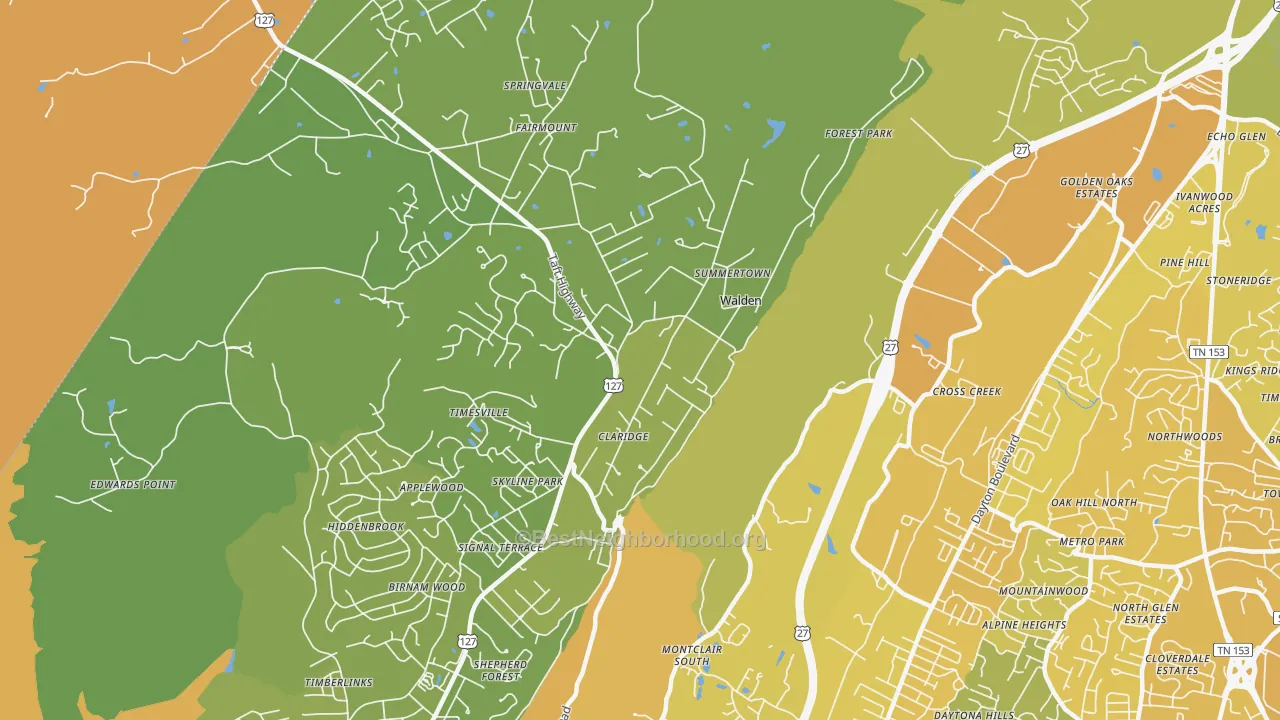 Map of the best neighborhoods in the Walden area, with better matches in green and worse matches in red