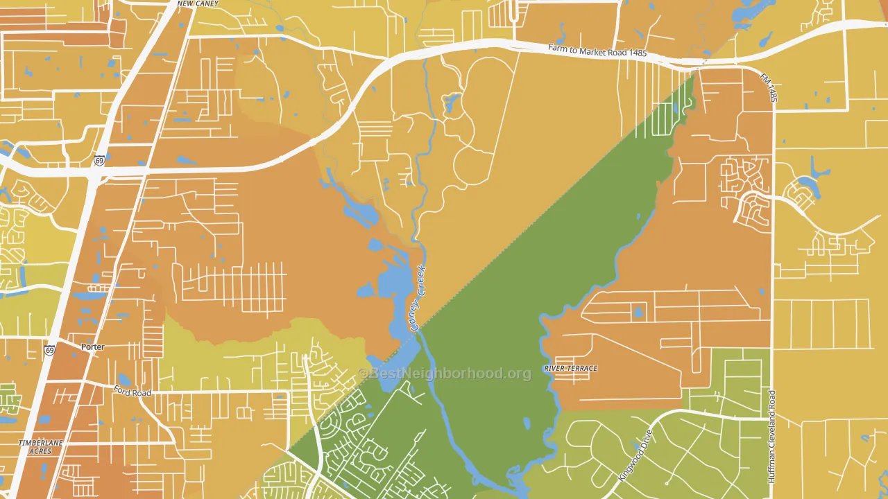 Map of the best neighborhoods in the Walden Woods area, with better matches in green and worse matches in red