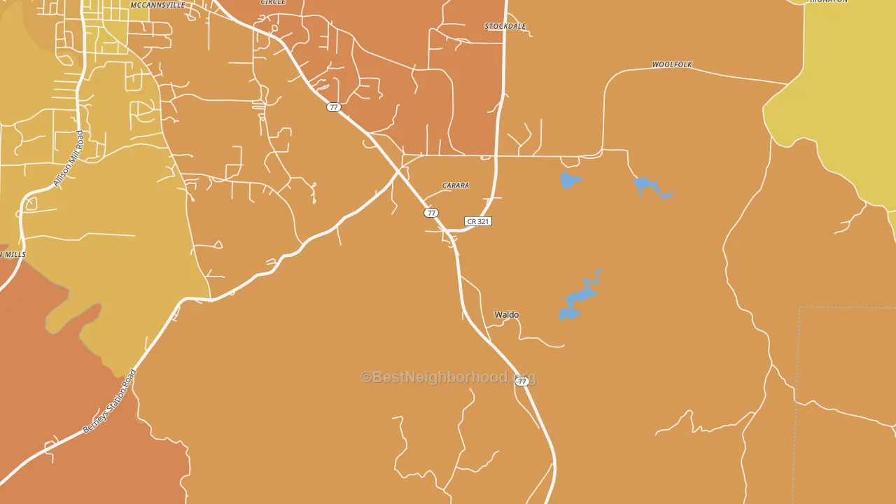 Map of the best neighborhoods in the Waldo area, with better matches in green and worse matches in red