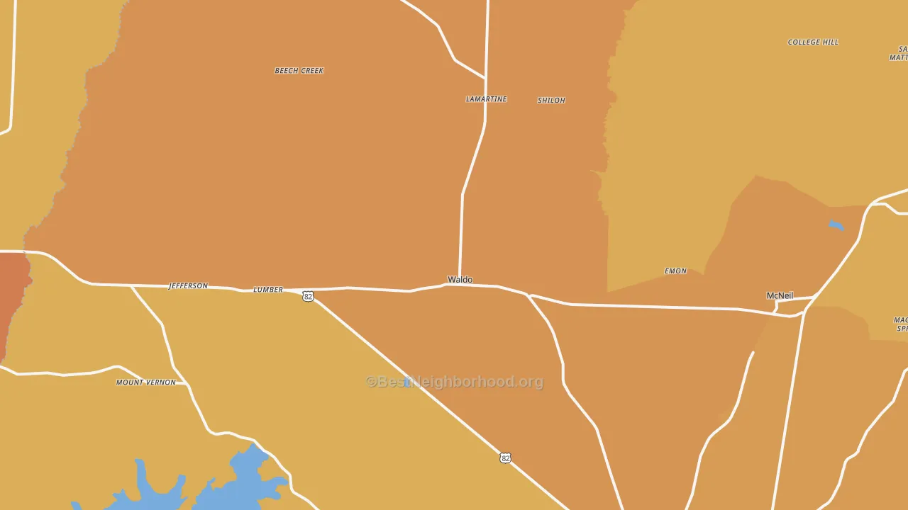 Map of the best neighborhoods in the Waldo area, with better matches in green and worse matches in red