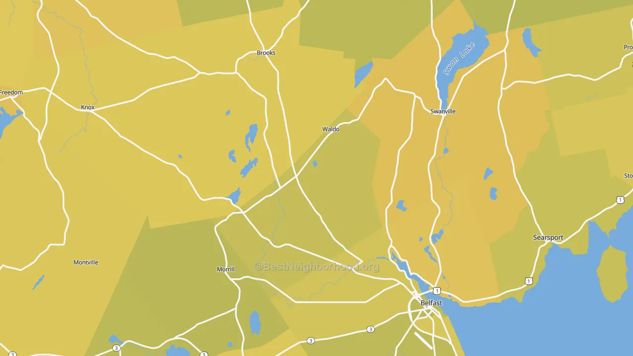 Map of the best neighborhoods in the Waldo County area, with better matches in green and worse matches in red