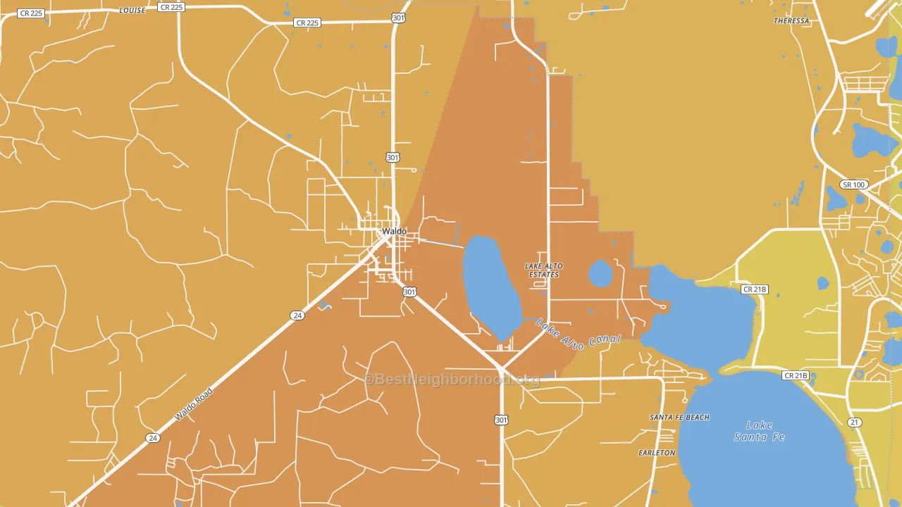 Map of the best neighborhoods in the Waldo area, with better matches in green and worse matches in red