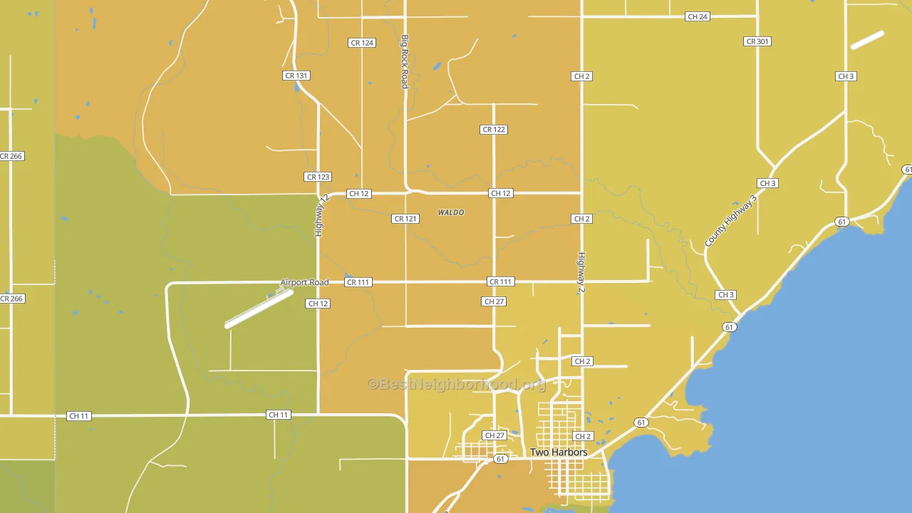 Map of the best neighborhoods in the Waldo area, with better matches in green and worse matches in red