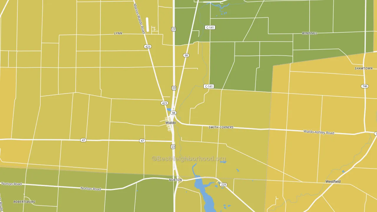 Map of the best neighborhoods in the Waldo area, with better matches in green and worse matches in red