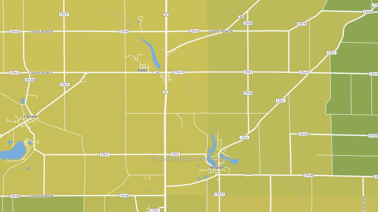 Map of the best neighborhoods in the Waldo area, with better matches in green and worse matches in red