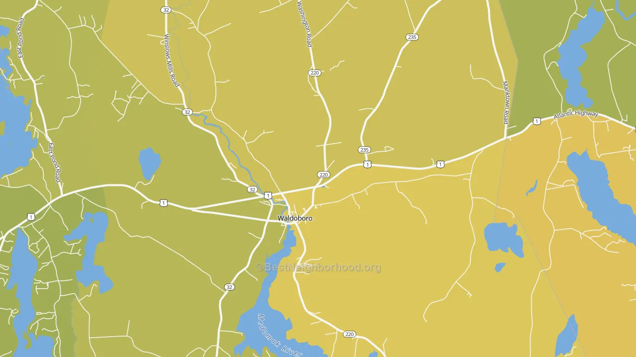 Map of the best neighborhoods in the Waldoboro area, with better matches in green and worse matches in red