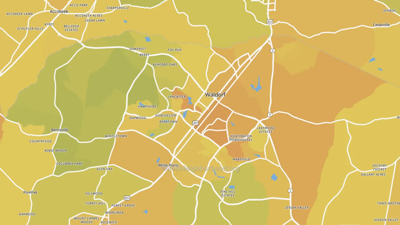 Map of the best neighborhoods in the Waldorf area, with better matches in green and worse matches in red