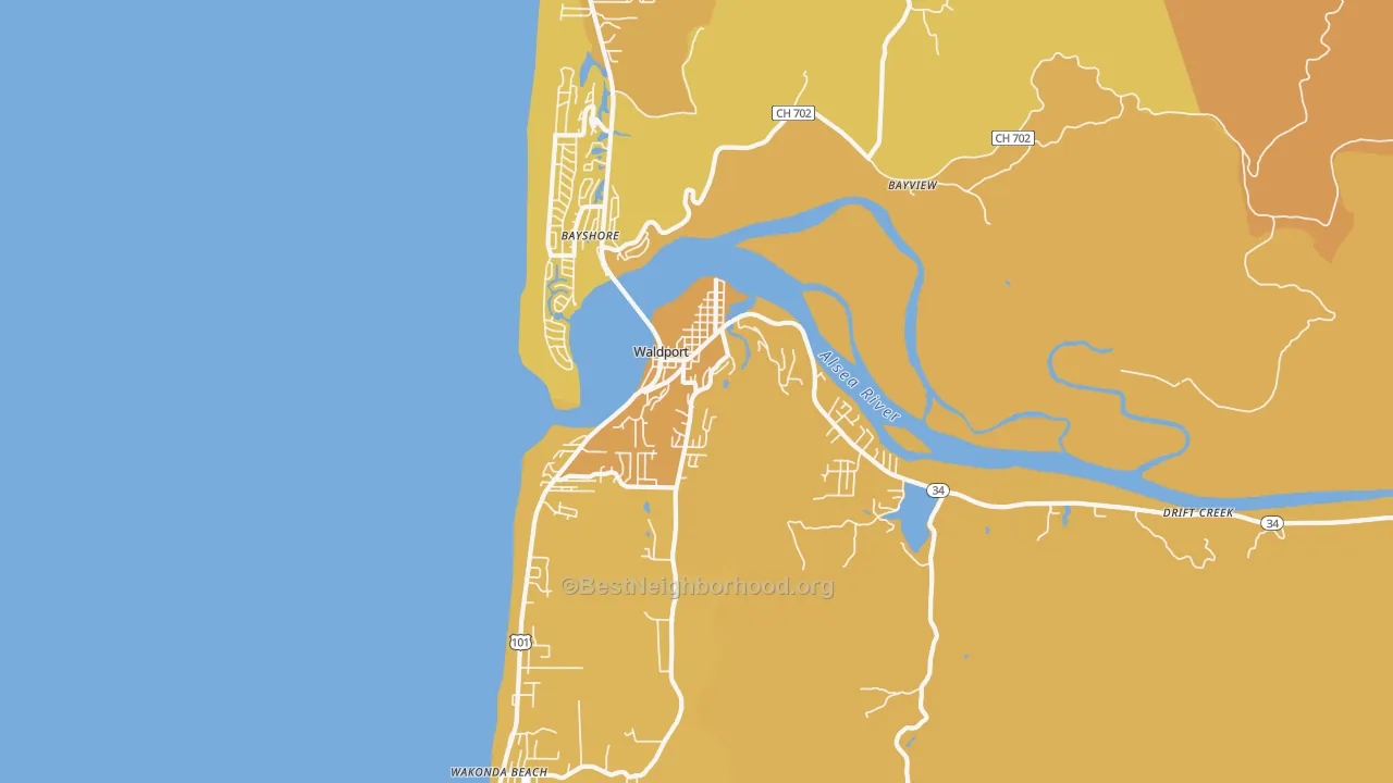 Map of the best neighborhoods in the Waldport area, with better matches in green and worse matches in red