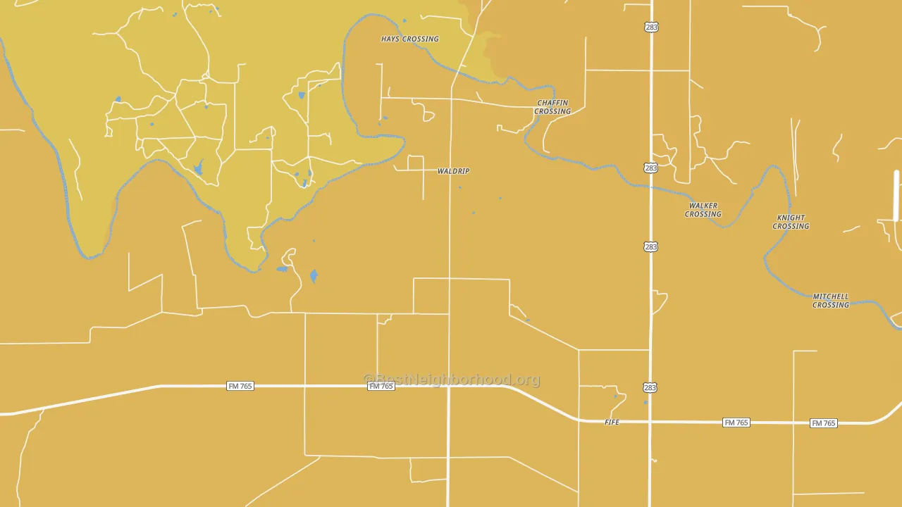 Map of the best neighborhoods in the Waldrip area, with better matches in green and worse matches in red