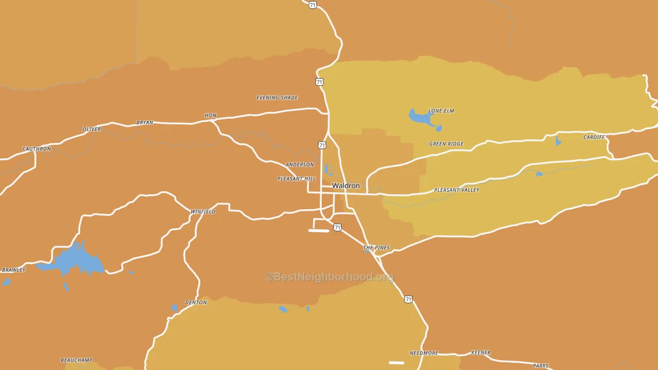 Map of the best neighborhoods in the Waldron area, with better matches in green and worse matches in red