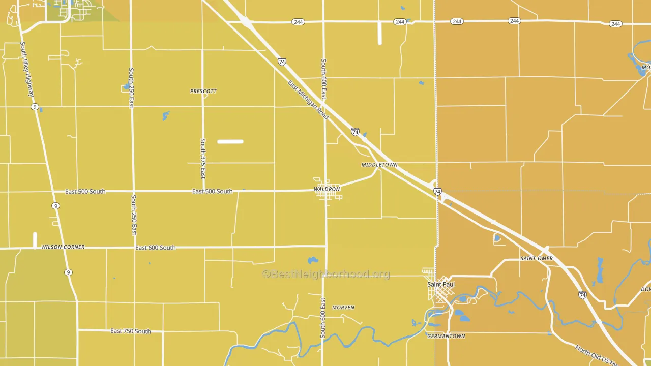 Map of the best neighborhoods in the Waldron area, with better matches in green and worse matches in red