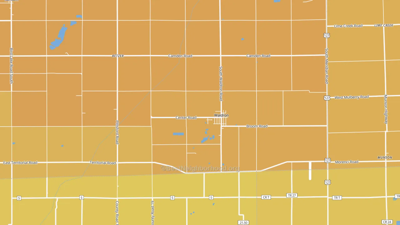 Map of the best neighborhoods in the Waldron area, with better matches in green and worse matches in red