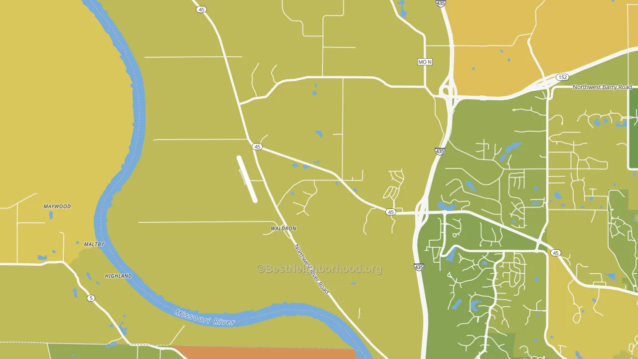 Map of the best neighborhoods in the Waldron area, with better matches in green and worse matches in red