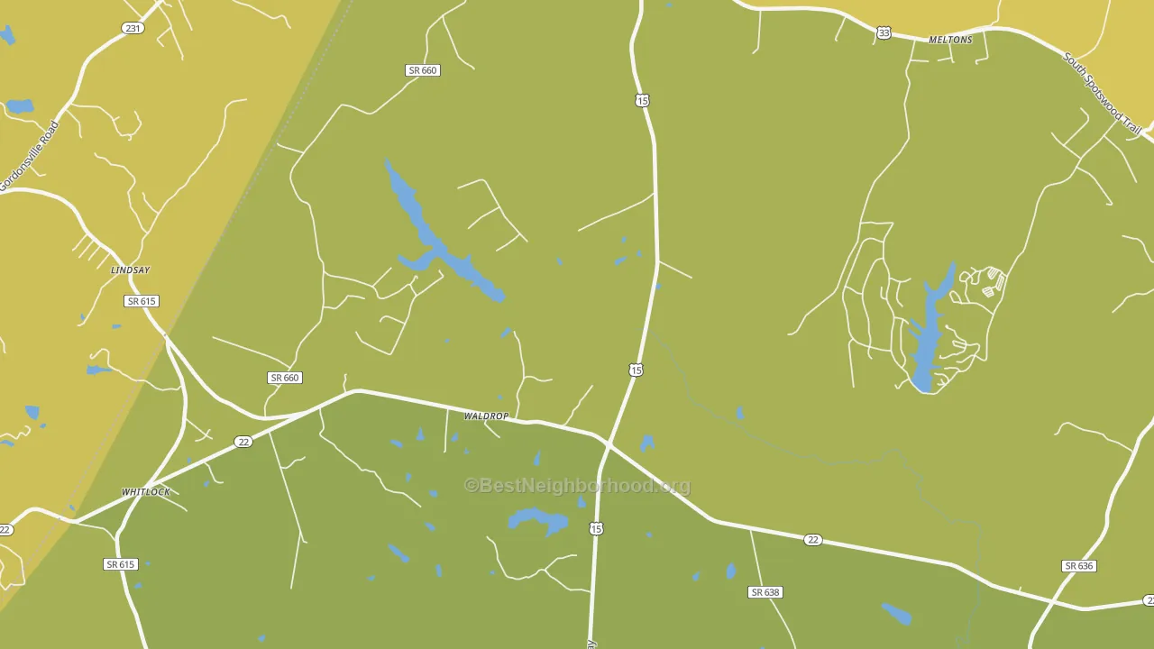 Map of the best neighborhoods in the Waldrop area, with better matches in green and worse matches in red