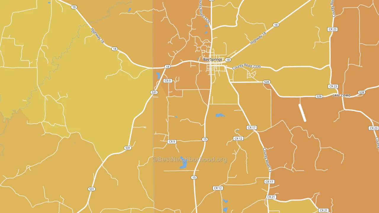 Map of the best neighborhoods in the Waldrup area, with better matches in green and worse matches in red