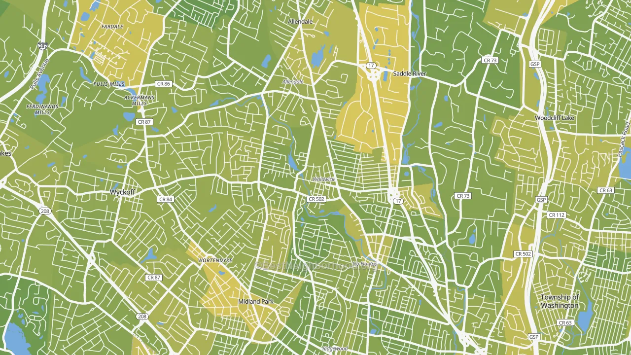 Map of the best neighborhoods in the Waldwick area, with better matches in green and worse matches in red