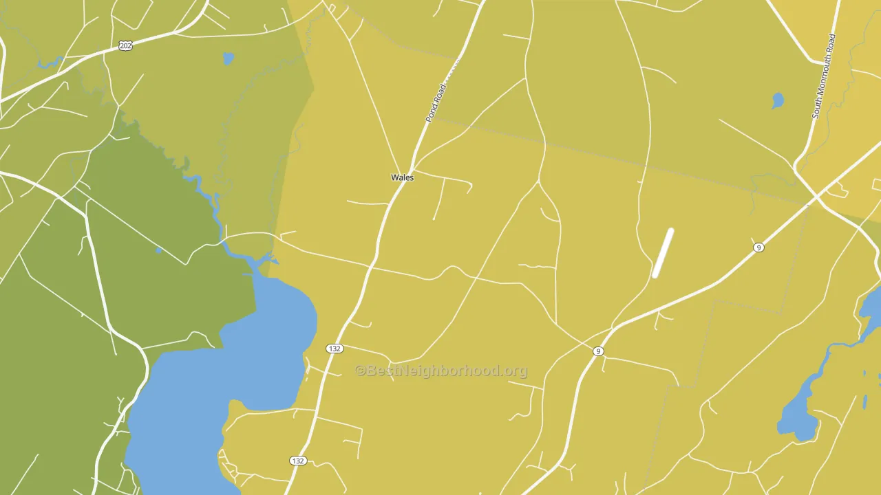 Map of the best neighborhoods in the Wales Corner area, with better matches in green and worse matches in red
