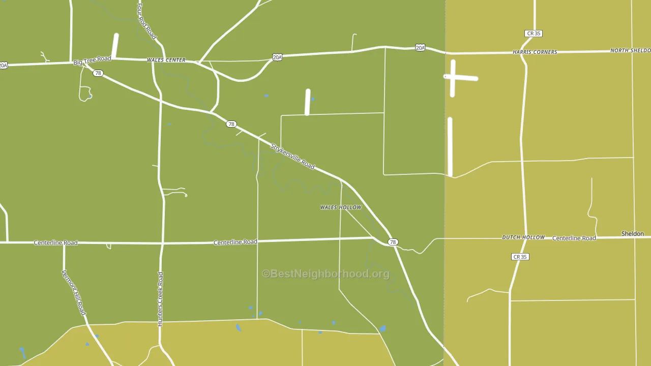 Map of the best neighborhoods in the Wales Hollow area, with better matches in green and worse matches in red